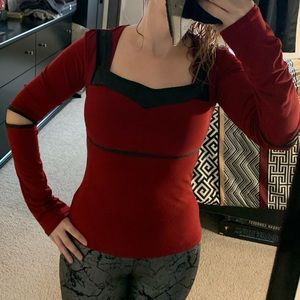 Small PlastikWrap Red Top with Black Matte Pleather Details and Elbow Cutouts.